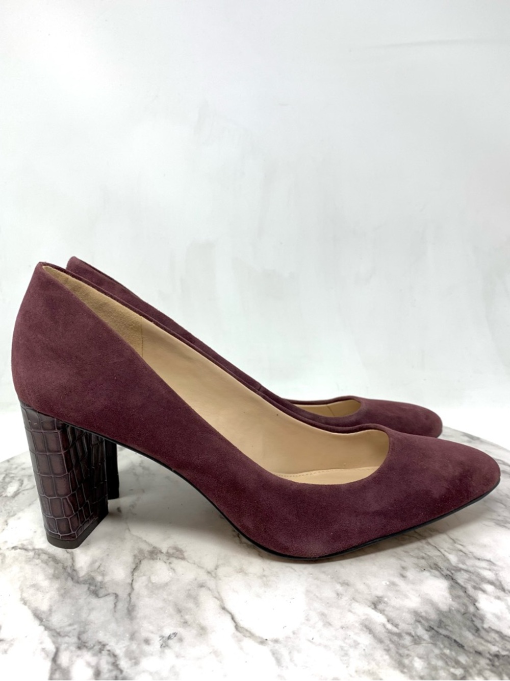 Essex Lane Margan Burgundy Suede Reptile Print Block Heel Pumps 8 Classic Preppy - Picture 15 of 15